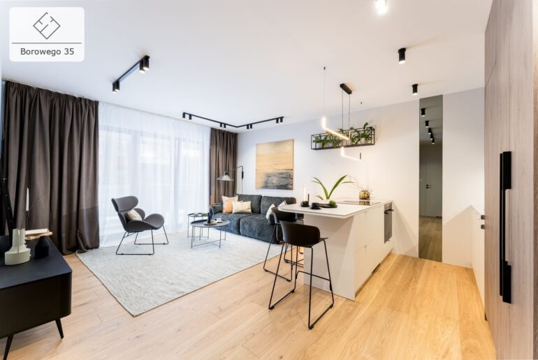 Salon z aneksem kuchennym w apartamencie na sprzedaż, Kraków Wola Justowska
