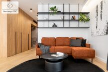 Nowoczesny salon z jasną podłogą, wyposażony w pomarańczową sofę, czarny okrągły stolik kawowy oraz czarną półkę na książki i dekoracje. Całość uzupełniają drewniane zabudowy ścienne i minimalistyczne oświetlenie.